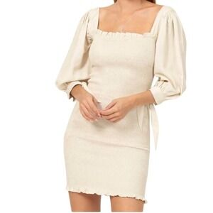 NWOT Smocked Puff Sleeve Square Neck Bodycon Mini Dress Beige SZ M‎ Boho Wedding